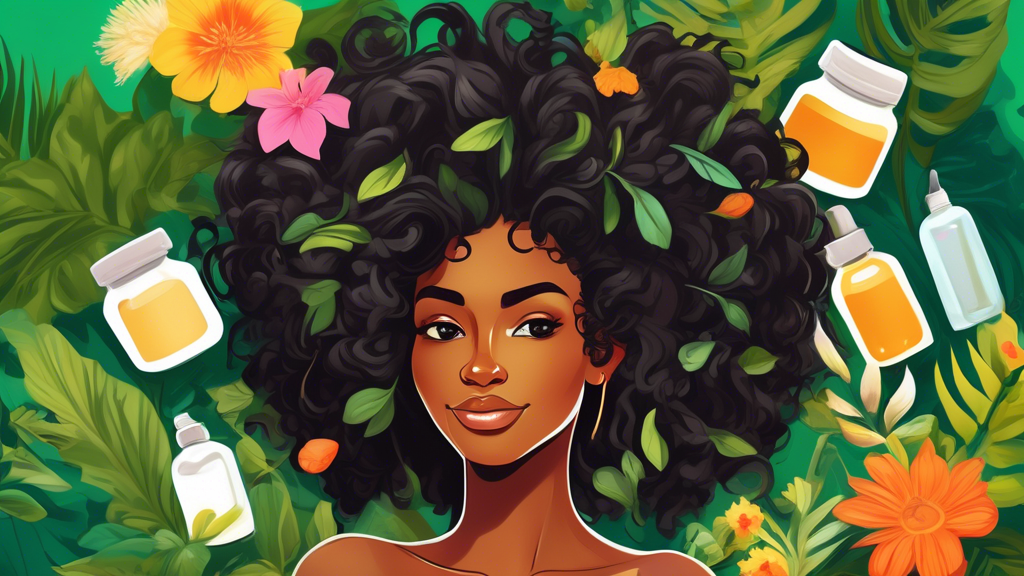 A colorful illustration showcasing a variety of natural hair growth oils, including castor oil and coconut oil, being gently applied to vibrant, healthy coils of black hair, surrounded by lush green p