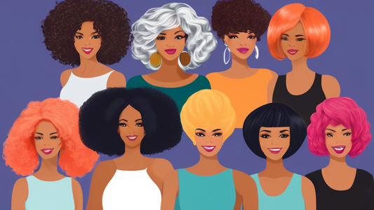 An illustrated step-by-step guide on how to securely wear a wig over natural hair, featuring a diverse range of hair types and wig styles in a bright, welcoming salon setting.