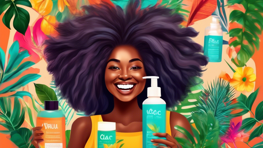 Portrait of a joyful person with voluminous 4C hair, surrounded by natural hair care products and tools, set against a background of vibrant tropical plants.