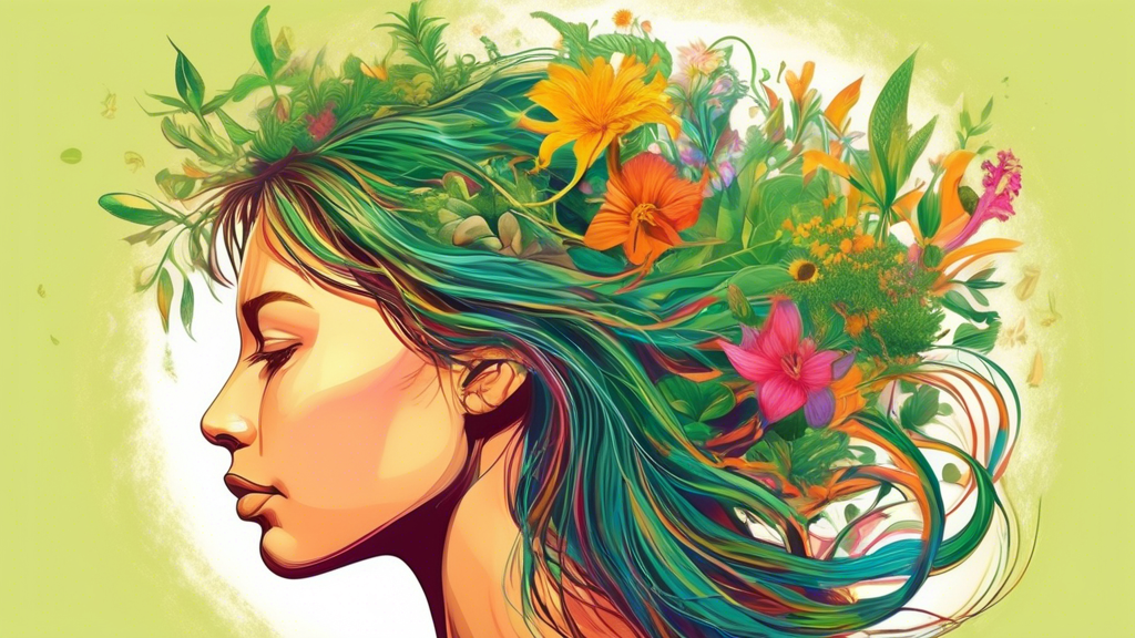 Prompt: A vibrant, colorful illustration of a person's head in profile, with lush, flowing hair resembling a blooming garden. The hair is interwoven with various herbs, plants, and natural ingredients