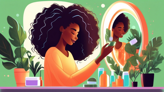 An illustration of a person happily examining their healthy hair edges in a mirror, surrounded by natural hair care products and green plants, with a soft, glowing light emphasizing hair growth.