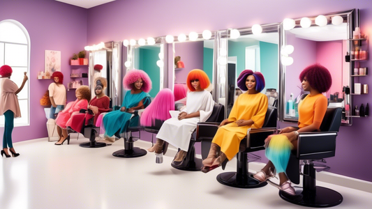 A cozy and inviting beauty salon setting, with a professional stylist demonstrating on a smiling, diverse group of women seated in styling chairs, how to perfectly fit and secure various styles of wig