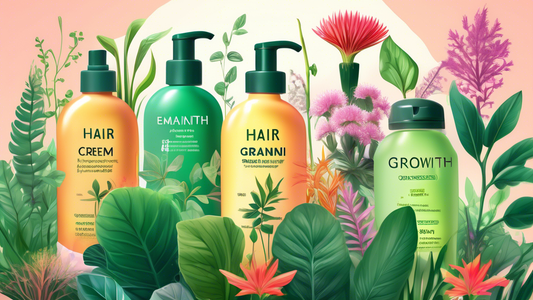 A digital illustration of a lush, vibrant garden with five different plants representing the top hair growth creams. Each plant has thick, healthy leaves and stems, symbolizing strong and nourished ha