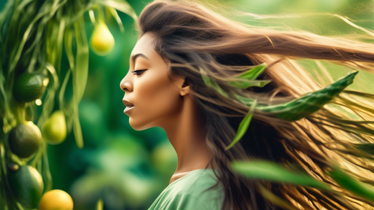 A close-up of a person's head with long, lush, healthy hair blowing in a gentle breeze, with their hands reaching up and running their fingers through the strands. The hair is adorned with various nat