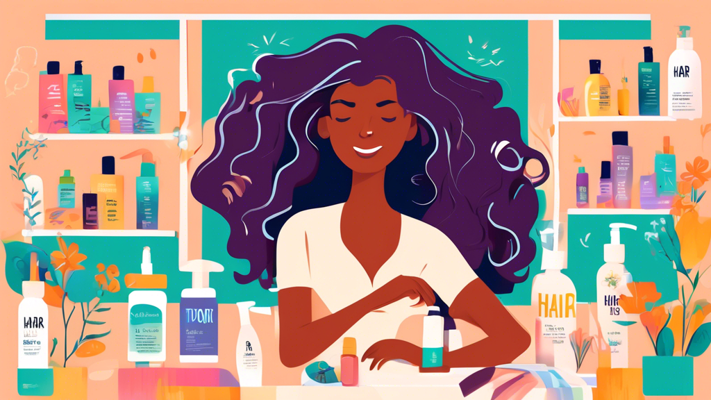 An illustration of a woman with long, flowing hair sitting at a vanity, applying natural oils to her scalp, with a stylish wig placed on a mannequin head beside her, surrounded by bottles of hair care