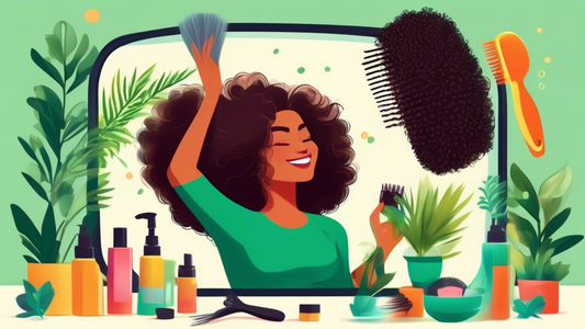 Digital illustration of a happy person with healthy hair examining their rejuvenated hairline in the mirror, surrounded by natural hair care products and treatment tools, with a vibrant, green plant i