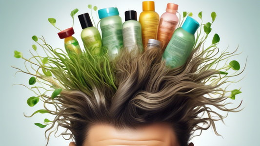 A close-up photo of a person's scalp with lush, thick hair sprouting from the roots, resembling a fertile garden or grassy field. Bottles of various hair care products are arranged around the scalp, a