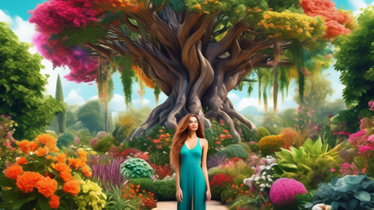 A vibrant, lush garden with various plants and flowers growing tall and healthy, symbolizing the concept of hair growth and vitality. In the center of the garden, a majestic tree stands out, its branc