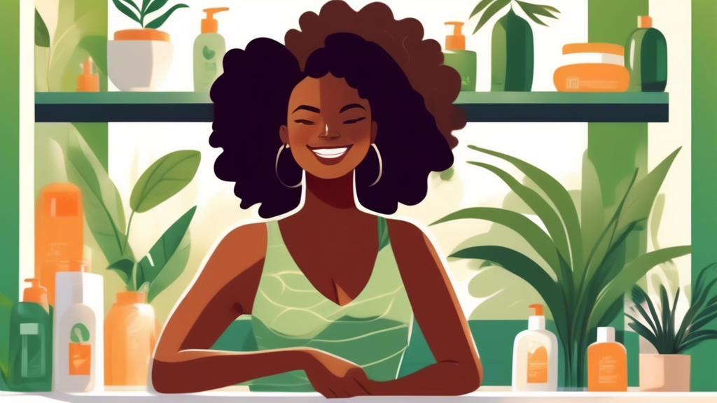 An African-American woman smiling in a modern, sunlit bathroom, carefully applying natural hair care products to her luscious, voluminous 4C hair, surrounded by a variety of eco-friendly hair care ite