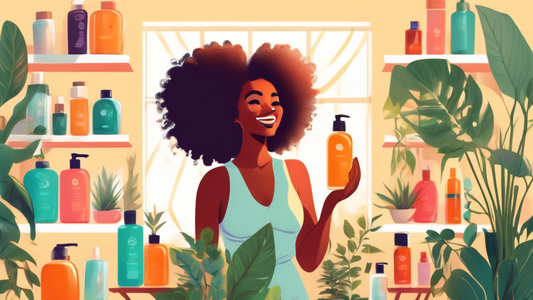 A cheerful woman with voluminous 3C natural hair, surrounded by an array of hair care products like conditioners, combs, and natural oils, standing in a sunlit room full of plants.