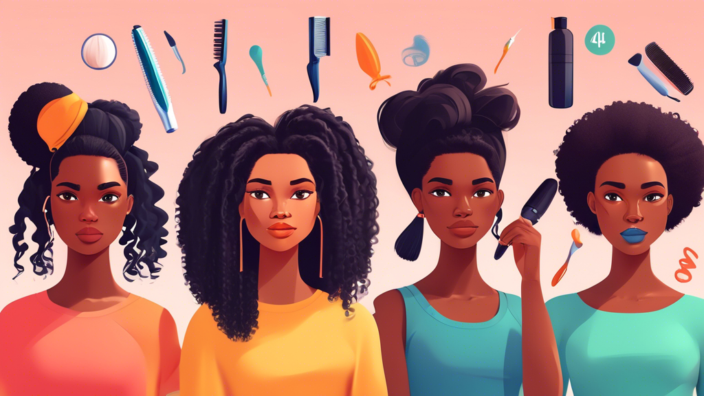 A series of beautiful, animated illustrations showcasing a diversity of 4C hairstyles before and after shrinkage, accompanied by floating icons of essential haircare tools and products.