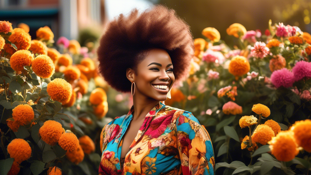 Create a vibrant and celebratory image of a confident Black woman with a stunning, voluminous 4C Afro hairstyle. She is outdoors on a sunny day, surrounded by flowers. The colors around her, including