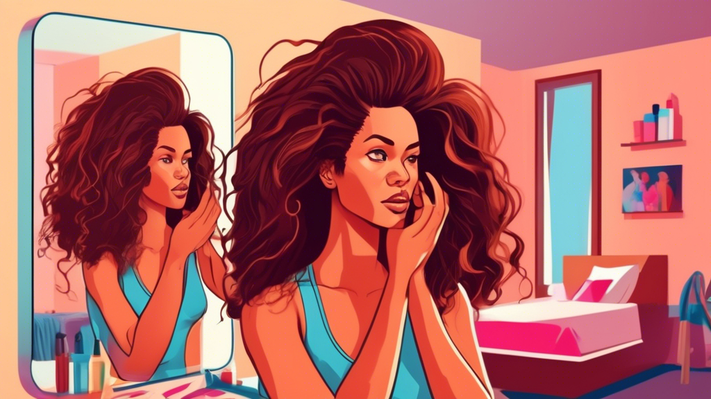 A detailed illustration of a woman examining her hair in a mirror, showing a half wig on one side and her natural hair on the other, with visible signs of damage like split ends and breakage on the na