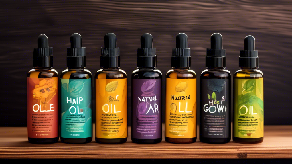 Diverse bottles of natural hair growth oils on a wooden shelf, with lush, healthy black hair textures illustrated in the background.