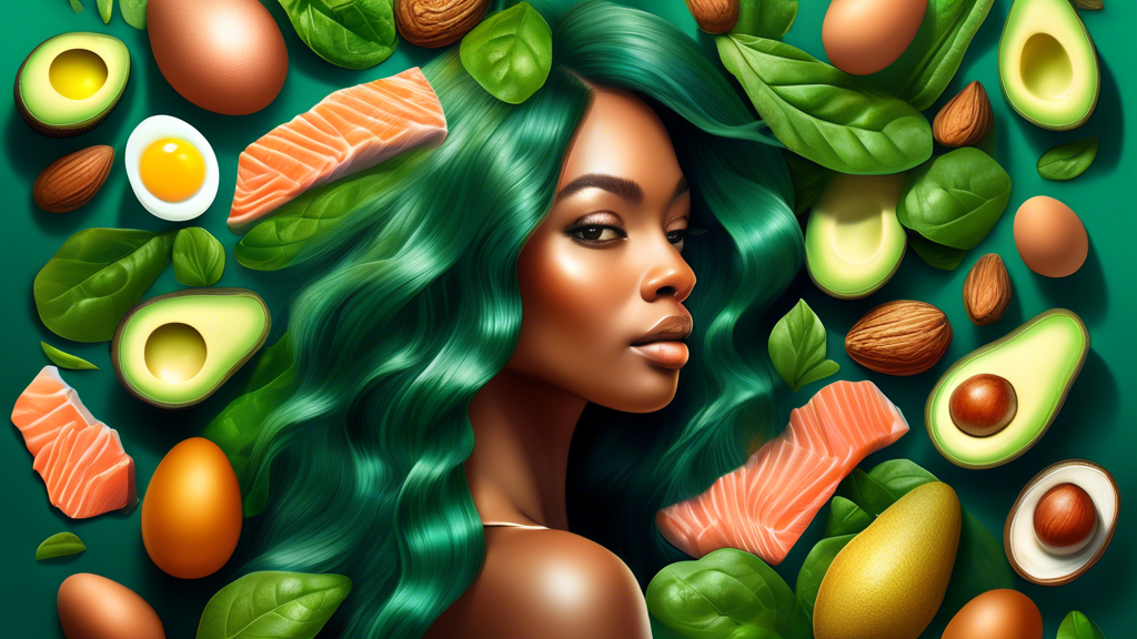 A digital illustration depicting a person with lush, vibrant hair, surrounded by five natural ingredients known to promote healthy hair growth: avocado, eggs, nuts, spinach, and salmon. The ingredient