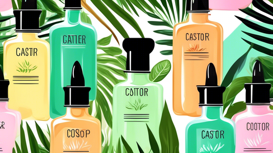 An elegant collection of vibrantly colored oil bottles labeled with coconut, castor, and peppermint, surrounded by lush, healthy black hair strands and green leaves, all set against a soft, pastel bac