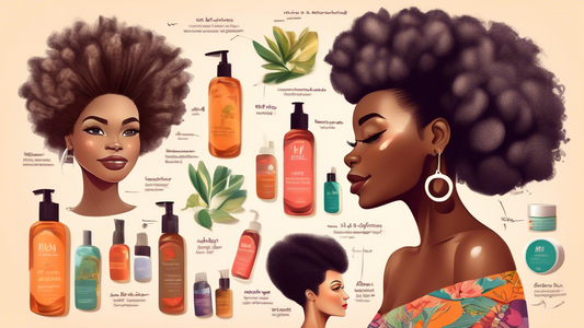 An elegant woman with 4C hair texture surrounded by a variety of natural hair care products, demonstrating different styling techniques, in a beautifully illustrated step-by-step guide format.