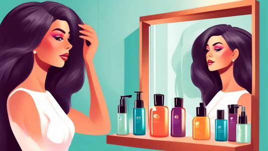 An elegant woman looking in the mirror, adjusting her stylish wig with a shelf of hair care products visibly displayed in the background, focusing on serums and natural oils that promote hair growth.