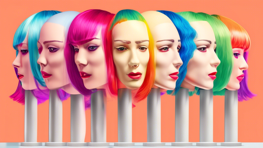 Digital artwork depicting a person looking in the mirror, examining their scalp with various wigs displayed on mannequin heads around them, illustrating the theme of understanding the side effects of 