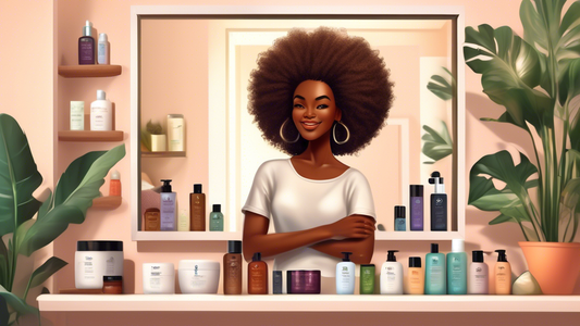 A realistic digital artwork of a serene, well-organized bathroom shelf filled with a variety of natural hair care products specifically labeled for 4C hair type. In the background, a mirror reflects a