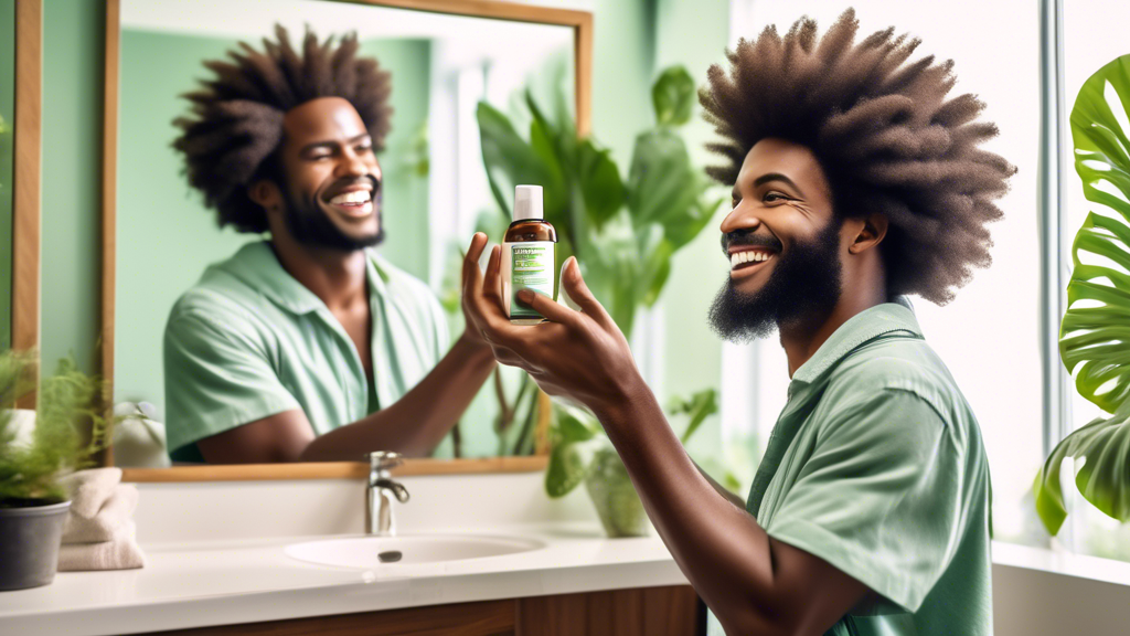 DALL-E Prompt:
A smiling man with a full, healthy afro hairstyle looking in the mirror while holding a bottle of natural hair growth serum, with additional hair care products like a wooden comb and mo