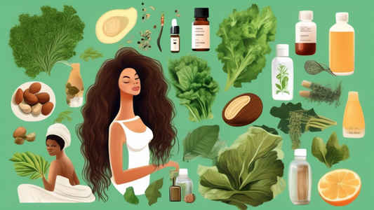 An illustrated collage featuring various natural hair growth remedies, such as a hair brush, scalp massage, green leafy vegetables, nuts and seeds, a woman with long, luscious hair, essential oils, a 