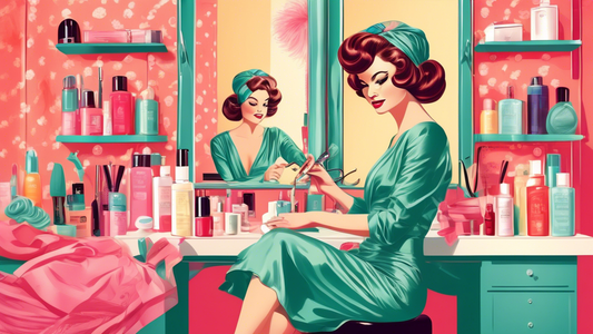 An elegant woman sitting at a vanity, applying a silk hair wrap before putting on a stylish wig, surrounded by various hair care products and tools, in a bright, vintage-style dressing room.