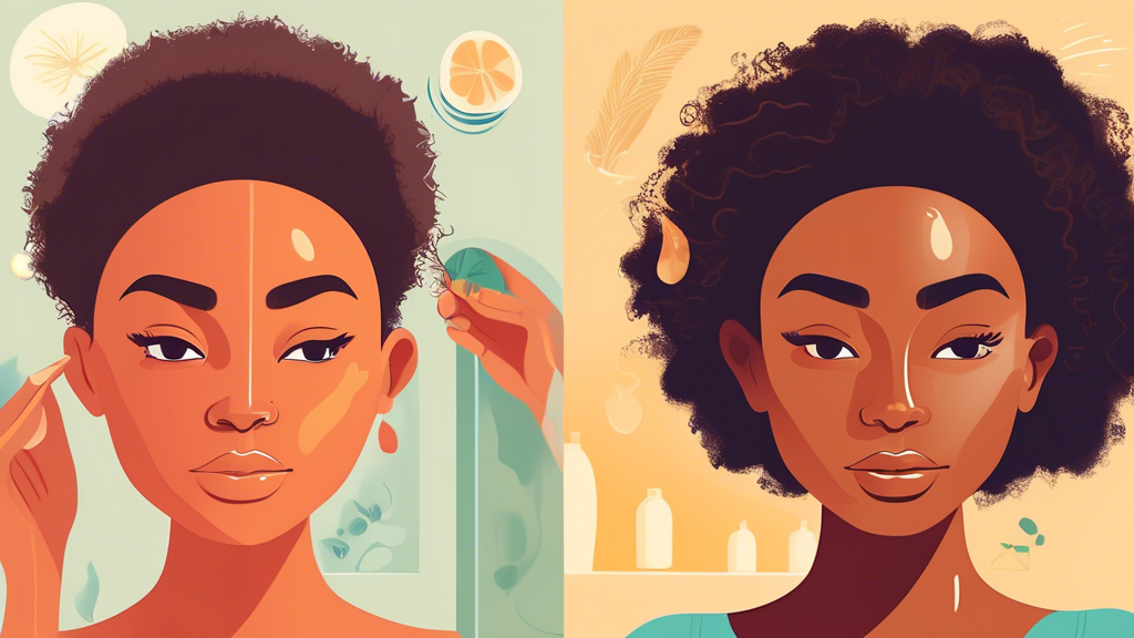 Before and after illustration of a person regaining a full hairline, showcasing natural hair treatments and healthy hair care routines, set in a serene, spa-like environment.