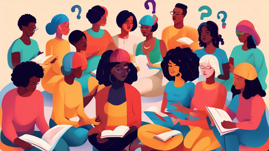 Digital illustration of a diverse group of people with different hair types sitting in a circle, each wearing a wig cap, surrounded by floating question marks and informational books about hair health