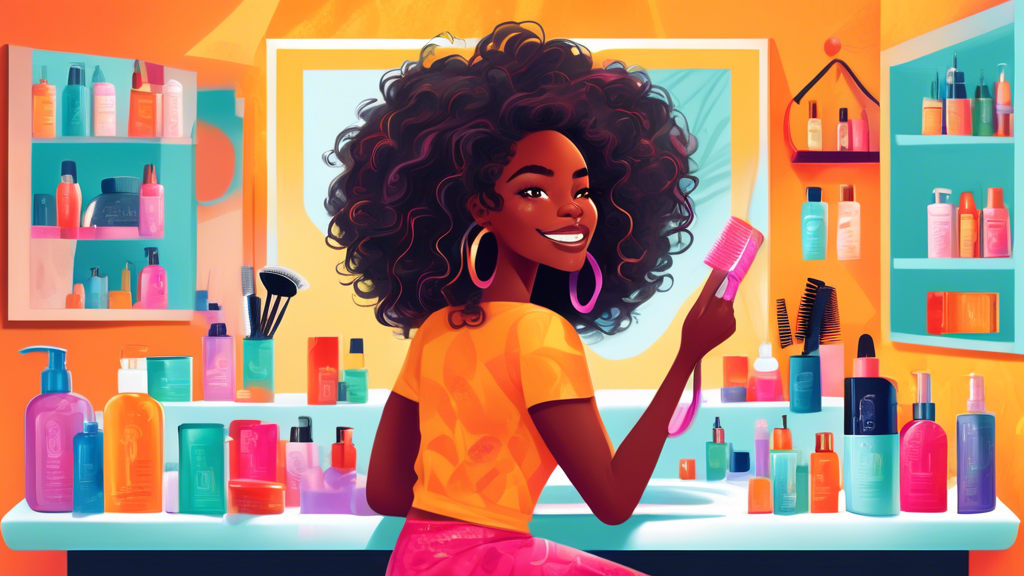 An illustration of a young Black woman with vibrant, healthy 3C curls, sitting at a vanity and applying haircare products. Surrounding her are various tools like a wide-tooth comb and spritz bottles, 