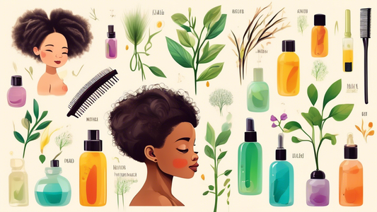 An illustrated guide showing various natural oils and gentle tools for nurturing and promoting the growth of baby hairs, set against a background of healthy, thriving hair follicles.