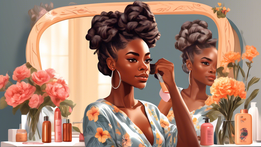 Create a digital painting of a young Black woman sitting at a vanity mirror, styling her hair in a 4C flat twist hairstyle. Reflect a warm, sunny room with floral decorations and a variety of hair car