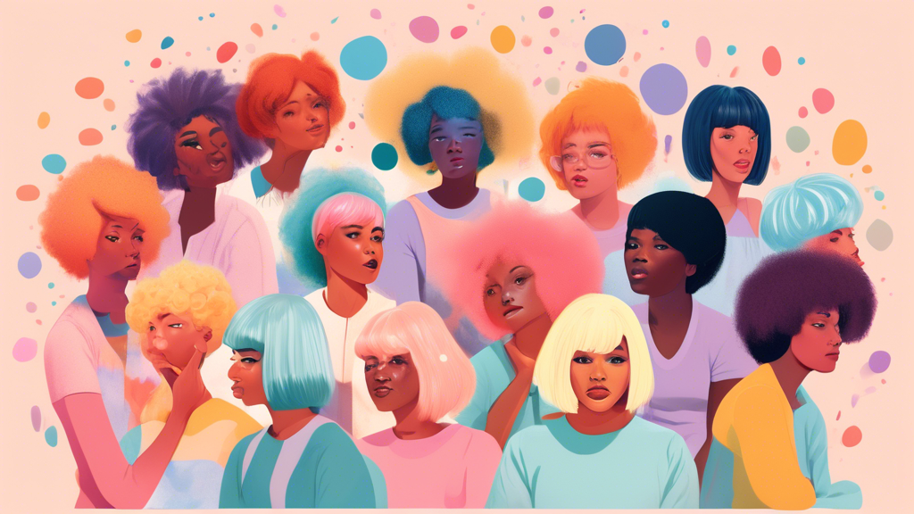 A whimsical illustration showing a diverse group of people sitting in a circle, each wearing different styles and colors of wigs, with expression bubbles depicting various side effects like itching, h