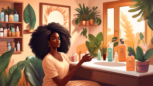 Create a vibrant, detailed illustration of a Black woman with a halo of voluminous 4C hair sitting at a vanity, surrounded by natural hair care products like shea butter and coconut oil, with a step-b