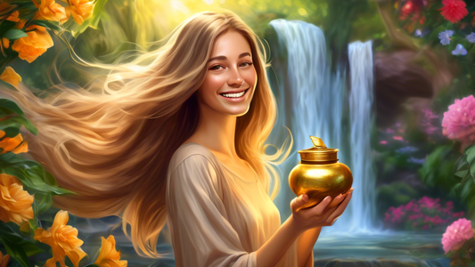 Prompt: A woman with long, flowing, shiny hair that seems to defy gravity, as if a gentle breeze is blowing through it. She has a radiant smile and is holding a golden jar of hair growth creme that em