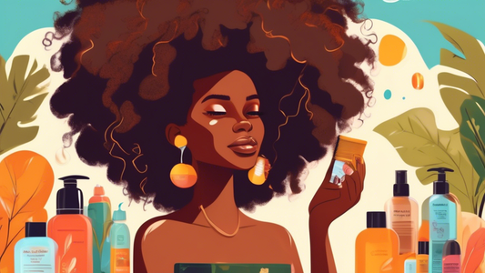 An Afro Caribbean woman sitting under a sunny sky on a park bench, applying natural oils to her thick, voluminous 4C hair, surrounded by a variety of hair care products like combs, spray bottles, and 