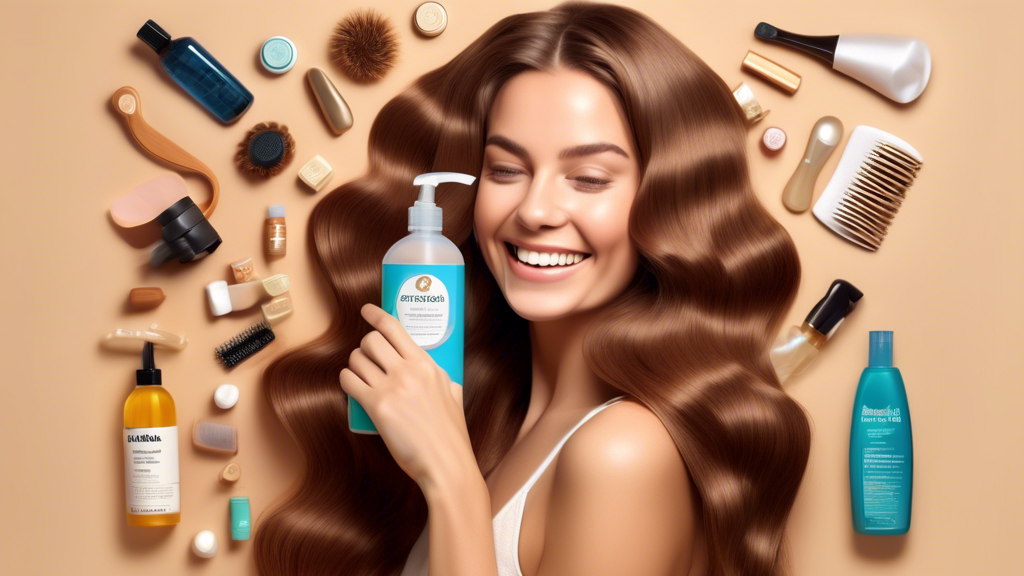 A photorealistic image of a woman with long, luscious, and healthy-looking hair, surrounded by various hair care products such as a wooden hairbrush, silk scrunchies, hair vitamins, scalp massager, ar