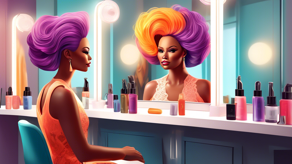 An elegant woman styling her lace front wig in front of a mirror in a bright, stylish salon, focusing on applying a protective adhesive to maintain her hairline, illustrated in a realistic digital art