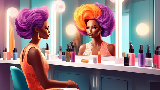 An elegant woman styling her lace front wig in front of a mirror in a bright, stylish salon, focusing on applying a protective adhesive to maintain her hairline, illustrated in a realistic digital art