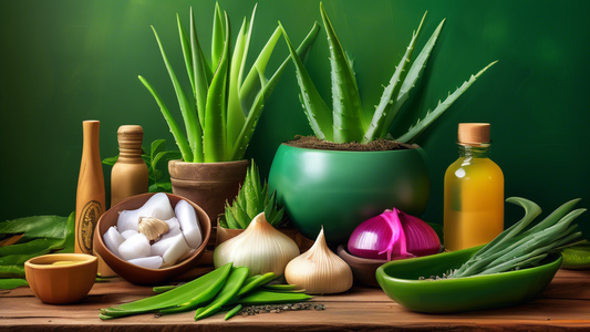 DALL-E Prompt:
A vibrant, colorful still life featuring various natural ingredients known to promote hair growth, such as aloe vera, ginger, onions, garlic, and green tea, artfully arranged on a rusti