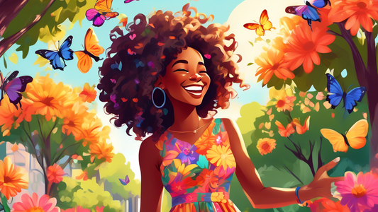 A joyful young Black woman in a sunlit urban park, showcasing her styled 4C curly hair with vibrant flowers woven through, laughing as she touches her hair, wearing a colorful summer dress, surrounded