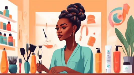 An illustrated step-by-step guide showing a woman with 4C hair type creating a flat twist hairstyle, in a clean and brightly lit home setting, with detailed visuals of each step and the necessary hair