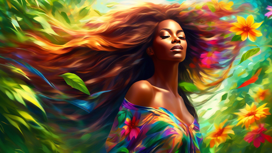 A digital art image of a woman with long, flowing, vibrant hair blowing in the wind, surrounded by lush green leaves, colorful flowers, and shimmering sunlight, symbolizing healthy hair growth and the