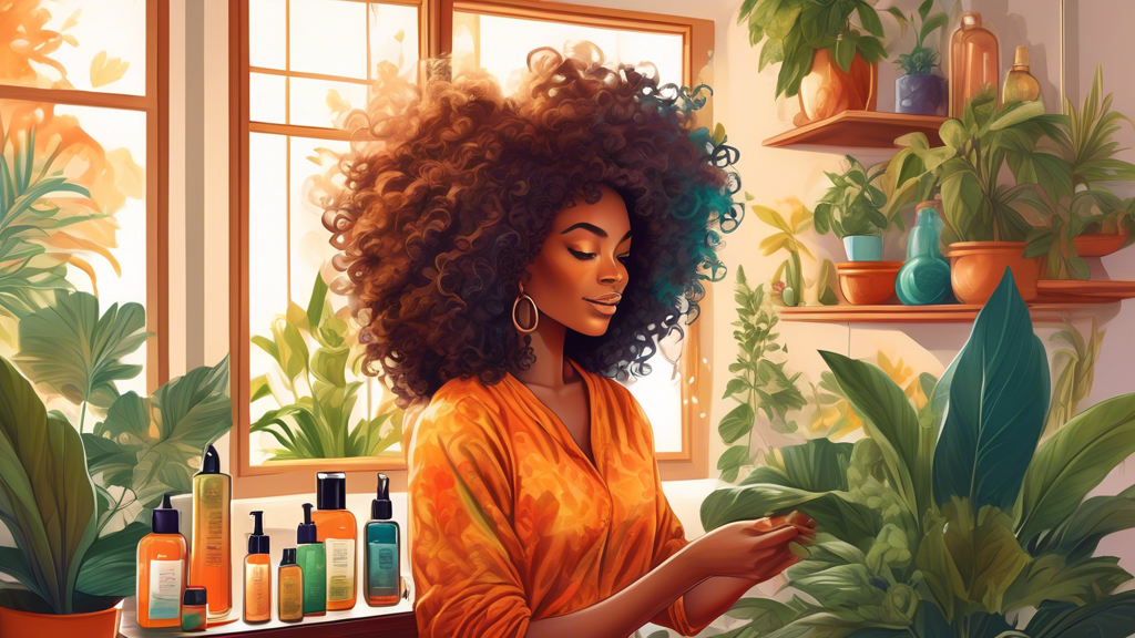 A vibrant, detailed illustration of a woman with beautiful, curly natural hair applying a nourishing oil treatment before wearing a stylish wig, set in a cozy and elegant room filled with plants and n