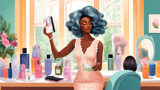 An elegant woman examining her perfectly styled lace front wig in a lavish dressing room, surrounded by hair care products and a guidebook titled 'Keeping Your Edges Safe', with a serene garden visibl