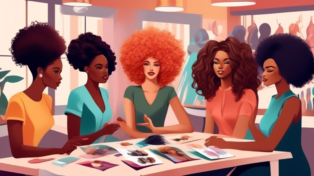 Create an image of a diverse group of women with different hair types (straight, curly, coily) sitting together in a stylist's boutique, each examining half wigs and discussing hair care. The scene in