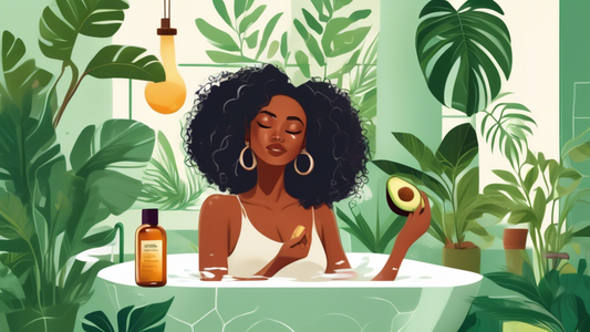 An illustration of a young African American woman in a serene bathroom setting, applying natural ingredients like avocado and coconut oil to her curly hair, surrounded by green plants and essential oi