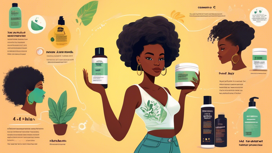 An illustration of a confident African woman with waist-length 4C hair surrounded by natural hair care products and a detailed infographic of tips and techniques for growing healthy 4C hair.